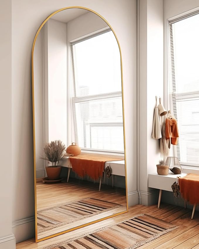 DYNWELL Arched Full Length Mirror, 76"x34" Large Floor Mirror with Stand, Wall-Mounted Gold Body Mirror for Bedroom