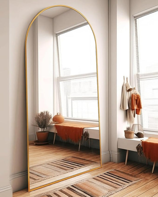 DYNWELL Arched Full Length Mirror, 76"x34" Large Floor Mirror with Stand, Wall-Mounted Gold Body Mirror for Bedroom
