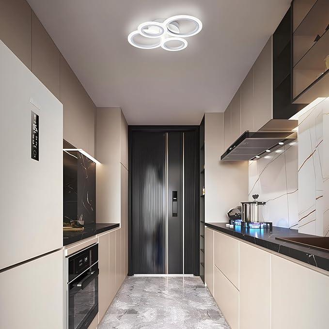 Modern LED Flush Mount Ceiling Light, 4 Rings White Close to Ceiling Light Fixtures, Kitchen Lighting Fixture Ceiling Lamp for Bedroom, Living Room, Laundry Room, 4000K Not Dimmable