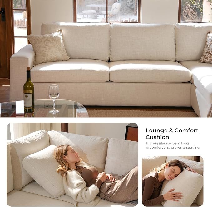 ELUCHANG 113" V-Shaped Modular Sectional Sofa Couch, Modern 4-Seat Comfy Linen Deep Seat Sofa with Corner, Removable Cover, Easy Assembly, Large Sofas & Couches for Living Room, Office, Beige