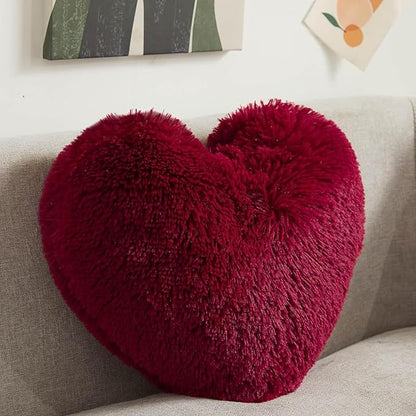 MorroMorn Fluffy Heart Throw Pillows, Shaggy Decorative Pillow for Sofa Couch Bed, Cute Room Decor Decorations for Women Girls Kids (Dark Red)