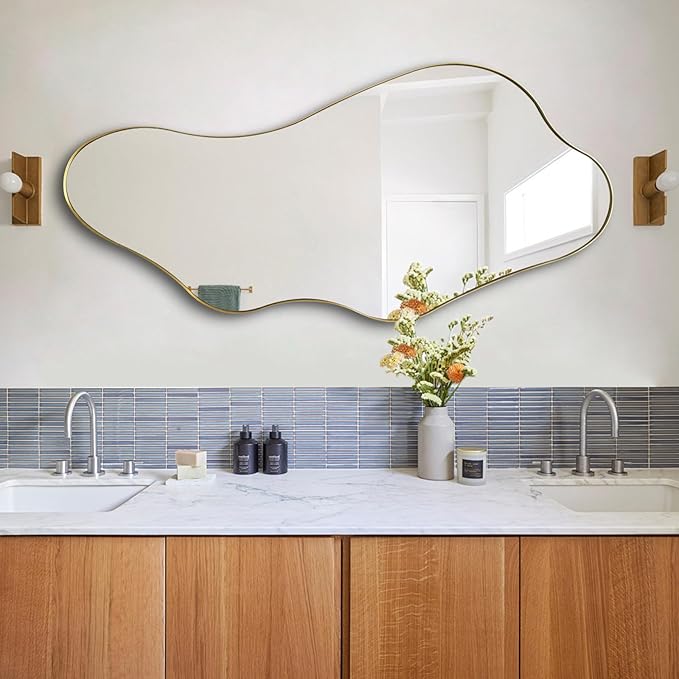 Irregular Wall Mirror, 47"x22" Gold Asymmetrical Mirror with Metal Frame, Modern Organic Shaped Mirror for Living Room Bedroom Hallway Entryway, Horizontal or Vertical Wall Hanging