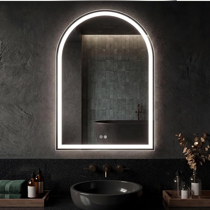 DUMOS 28"×36" LED Bathroom Mirror with Lights, Arched Vanity Mirror with Anti-Fog, Dimmable, 3-Color Light, Memory Function, Front Light and Backlit, Tempered Glass