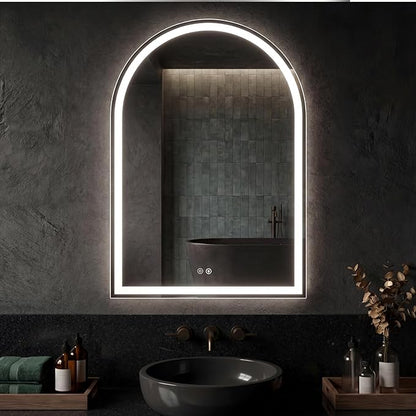 DUMOS 28"×36" LED Bathroom Mirror with Lights, Arched Vanity Mirror with Anti-Fog, Dimmable, 3-Color Light, Memory Function, Front Light and Backlit, Tempered Glass