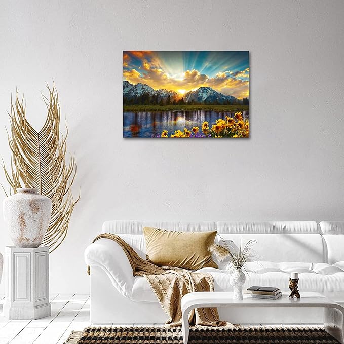 SKASNFAI Grand Teton National Park Wall Art Sunflower Landscape Canvas Mountain Artwork Landscape Print for Living Room Framed (16x24 inch)
