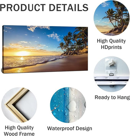 Beach Sunset Large Wall Art Tropical Palm Tree Canvas Paintings Coastal Landscape Pictures Wall Decor for Living Room Ocean Seascape Poster Nature Painting for Bedroom Office Home Decor 20x40 Inches