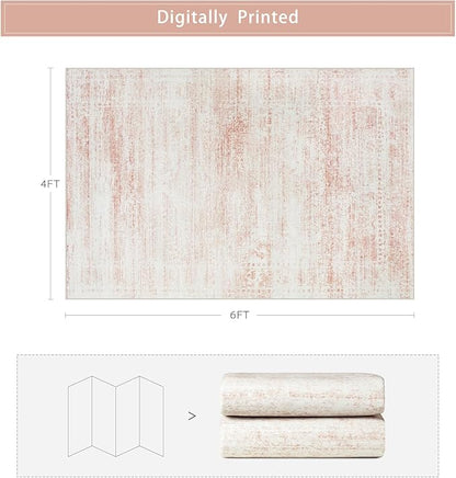 Srugn Washable Rugs 4x6 Area Rugs for Living Room,Bedroom,Kids Room,Nursery- Soft Faux Wool Small Carpets,Non Slip&Non-Shedding Low Pile Vintage Print Rugs for Enterway,Home Office Decor-Pink White