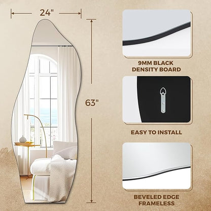 QDSSDECO Full Length Mirror 63"x24" Irregular Wall Mirror Wave Frameless for Living Room Bathroom Bedroom Entryway Decor