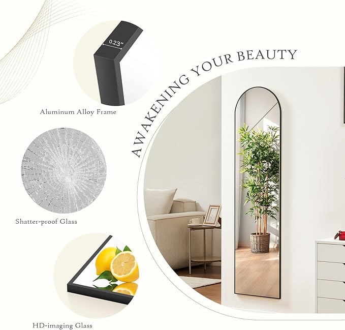 Arched Mirror Full Length, Upgraded 16"x59" Body Wall Mirrors with Shatter-Proof Glass, Floor Standing, Hanging or Leaning, Tall Mirror with Stand Aluminum Alloy Frame for Bedroom Cloakroom