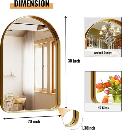 Arched Bathroom Mirror - 30x20 Inch Gold Bathroom Mirror for Wall - Aluminum Alloy Framed Mirror - Arched Top Bathroom Vanity Mirror for Living Room, Bedroom, Mantel, Entryway, and Hallways