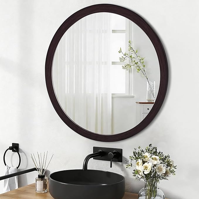 CULER Round Mirror 36 Inch,Wood Rustic Bathroom Tempered Wall Mirror with Wood Frame,Farmhouse Wooden Vanity Circle Mirror for Living Room,Entryway or Bedroom（Dark Walnut Brown）