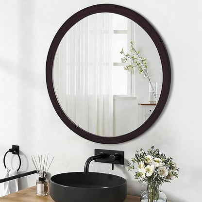 CULER Round Mirror 36 Inch,Wood Rustic Bathroom Tempered Wall Mirror with Wood Frame,Farmhouse Wooden Vanity Circle Mirror for Living Room,Entryway or Bedroom（Dark Walnut Brown）