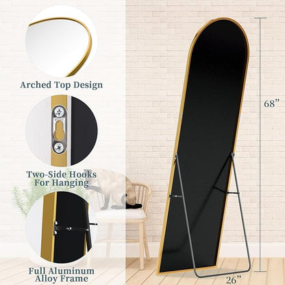 Full Length Mirror with Stand, 68"x26" Arched Full Body Mirror, Large Stand Up Mirrors, Aluminum Frame Floor Standing Mirrors, Freestanding Hanging Leaning Mounted for Bedroom Living Room Gold