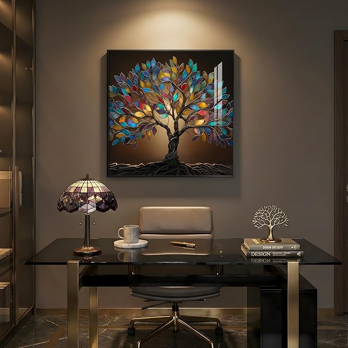 Framed Square Tree of Life Wall Art, Modern Contemporary Tree Painting Prints Artwork for Walls, Dark Colorful Elegant Picture for Living Room Bedroom Kitchen Office Dining Room Wall Decor, 30x30 In