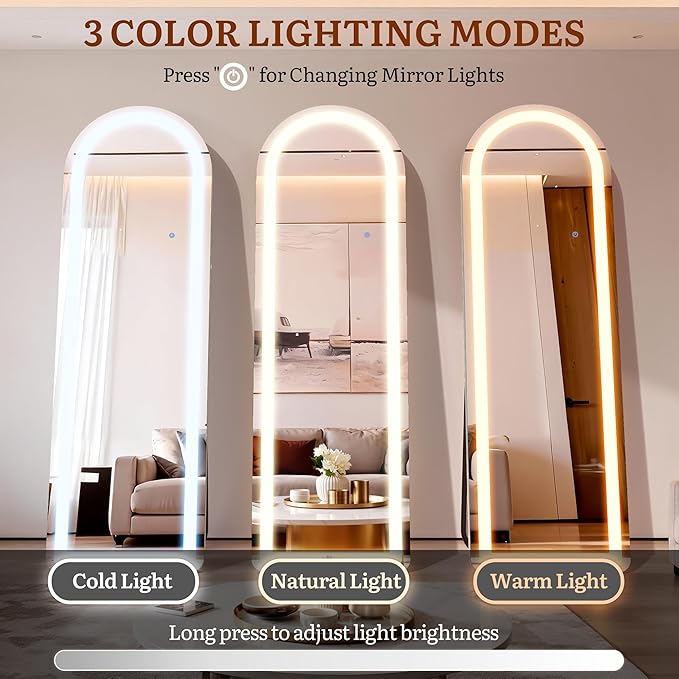 Full Length Mirror with LED Lights, 63"×20" Floor Mirror with Stand, Full Body Mirror with 3 Color Lighting Modes, Wall Mounted Mirror with Brighter Lighting Strip for Bedroom/Dressing Room