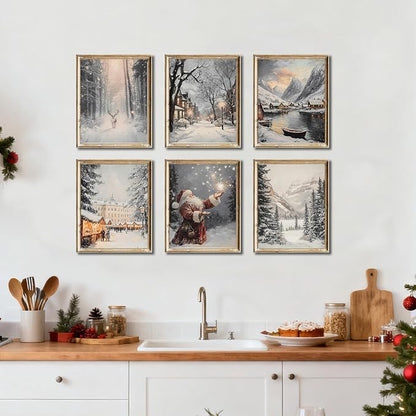 Vintage Christmas Wall Art Prints – Winter Holiday Posters with Santa, Snowy Village, Reindeer & Forest Scene, Rustic Christmas Decorations for Living Room, Bedroom & Fireplace – 8×10 Unframed