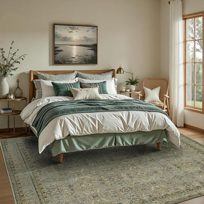 Rugxara 5x7 Area Rugs for Living Room Bedroom, Washable Rug, Vintage Floral Boho Rug, Non Slip & Low Pile Faux Wool Thin Carpet for Indoor Dining Room and Kids Room(Olive Brown 5x7ft)