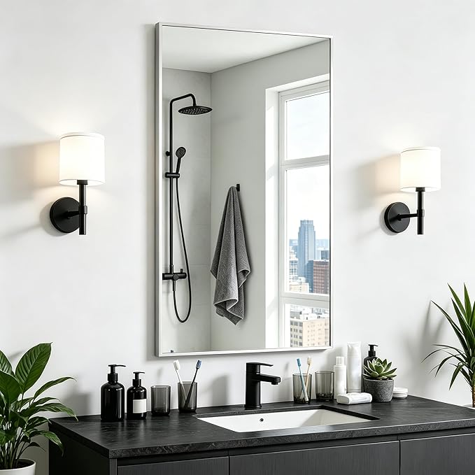 KOCUUY Silver Framed Mirror, 20"x40" Rectangle Bathroom Mirror for Wall, HD Tempered Glass, Anti-Rust Frame, Modern Design for Bathroom, Bedroom, Living Room, Entryway