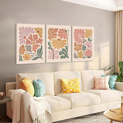 TBKHUDBI Boho Flower Canvas Wall Art Abstract Floral Pictures Prints Set of 3 Minimalist Botanical Painting Poster Flower Market Aesthetic Wall Decor for Living room Bedroom 12"x16" Framed