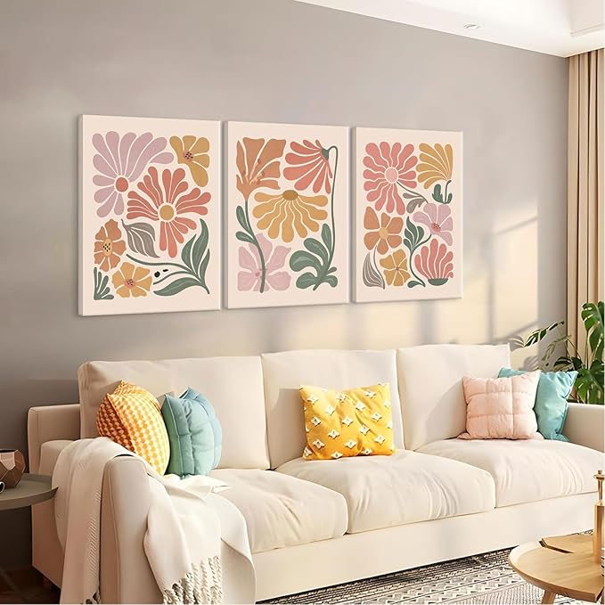 TBKHUDBI Boho Flower Canvas Wall Art Abstract Floral Pictures Prints Set of 3 Minimalist Botanical Painting Poster Flower Market Aesthetic Wall Decor for Living room Bedroom 16"x24" Framed