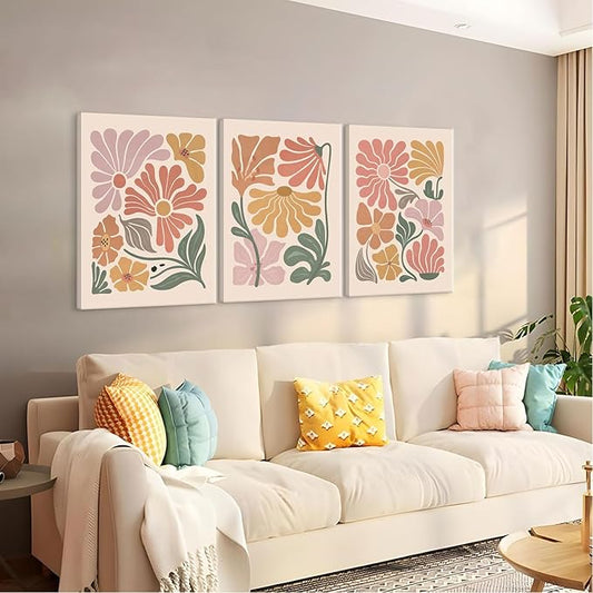 TBKHUDBI Boho Flower Canvas Wall Art Abstract Floral Pictures Prints Set of 3 Minimalist Botanical Painting Poster Flower Market Aesthetic Wall Decor for Living room Bedroom 16"x24" Framed
