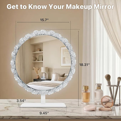 Crystal Round Vanity Mirror with Lights, 16 Inch Dimmable LED Makeup Mirror for Women, 3 Color Temperatures, Touch Switch, Silver Frame, Ideal for Girlfriend & Makeup Lovers