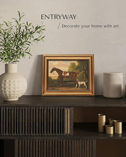 HUARCEY Gold Framed Vintage Wall Art for Living Room, Animals Painting Prints Shelf Decor for Kitchen, Aesthetic Bedroom Wall Art, Best Gifts for Friends or Family - Human Horse Dog 10L x 8W