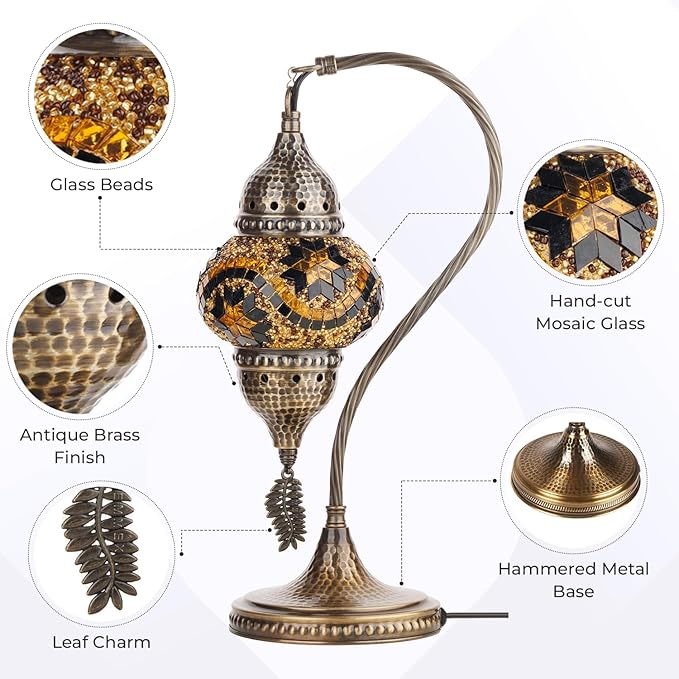 DEMMEX Turkish Moroccan Table Lamp, Swan Neck Tiffany Style Mosaic Glass Table Desk Bedside Lamp for Bedroom, Living Room – Handcrafted in Turkey, Amber Brown