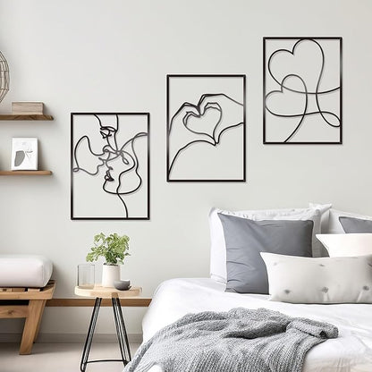 KOYILTD 3 Pcs Metal Minimalist Wall Art Love Wall Decor Metal Line Wall Art Bedroom Decor for Couples Love Decoration for Bedroom Living Room Bathroom Valentine's Day Decoration (Black)