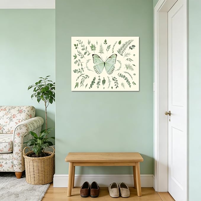 LB Sage Green Butterfly Wall Art Watercolor Eucalyptus Leaves Botanical Canvas Wall Art Green Plant Leaf Wall Decor for Living Room Bedroom Bathroom Framed Ready to Hang 12L x 16W Inch