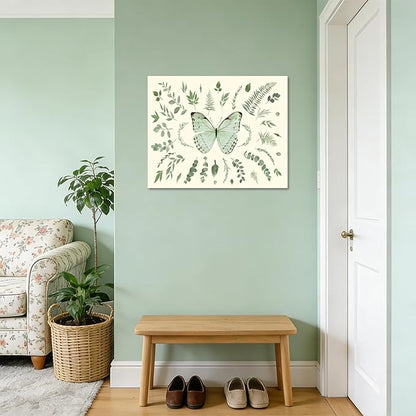LB Sage Green Butterfly Wall Art Watercolor Eucalyptus Leaves Botanical Canvas Wall Art Green Plant Leaf Wall Decor for Living Room Bedroom Bathroom Framed Ready to Hang 12L x 16W Inch