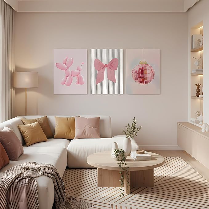 Yxjyzzkx Pink Cute Wall Art Set of 3 – Aesthetic Canvas Prints for Girls Room, Nursery & Kids Bedroom, Pink Bow Balloon Dog Chandelier Artwork, Modern Kawaii Wall Decor