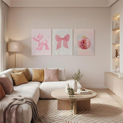 Yxjyzzkx Pink Cute Wall Art Set of 3 – Aesthetic Canvas Prints for Girls Room, Nursery & Kids Bedroom, Pink Bow Balloon Dog Chandelier Artwork, Modern Kawaii Wall Decor