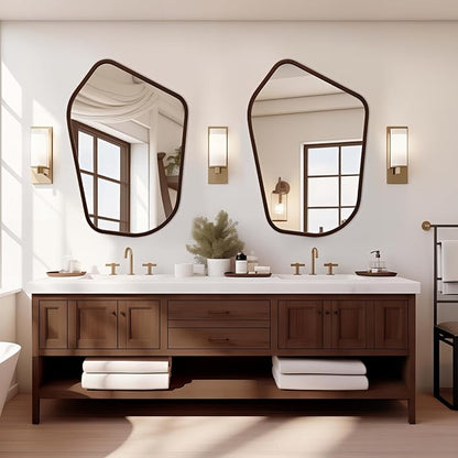 40"x28" Irregular Wall Mirror, Farmhouse Asymmetrical Mirror for Wall Decor, Wood Frame Bathroom Mirror for Living Room Bedroom Entryway Bathroom, Vertically, Walnut