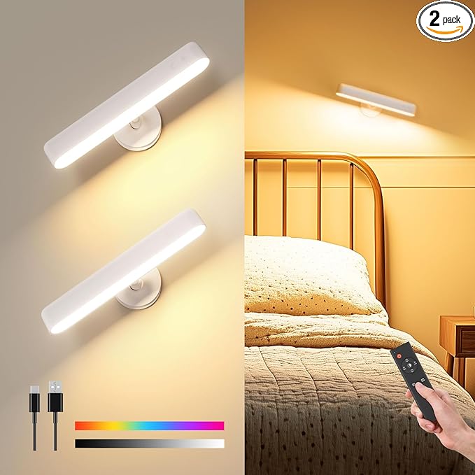 PopoIron Wall Sconces Rechargeable 7500mAh Battery Operated Wall Lights Cordless LED Wall Lamp, Touch and Remote Control, 3 Colors Wall Lamps 360° Rotate Dimmable Brightness with 15 RGB Colors