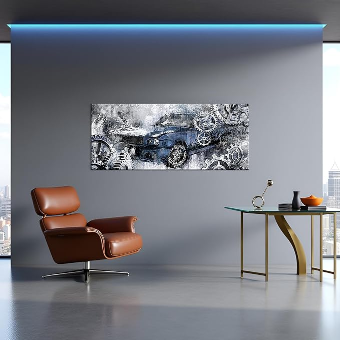 LevvArts Men Bedroom Wall Decor Vintage Car Painting Prints Industrial Steampunk Pictures Blue and Gray Artwork 20"x48"