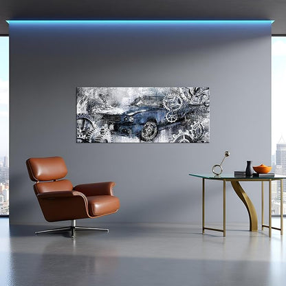 LevvArts Men Bedroom Wall Decor Vintage Car Painting Prints Industrial Steampunk Pictures Blue and Gray Artwork 20"x48"