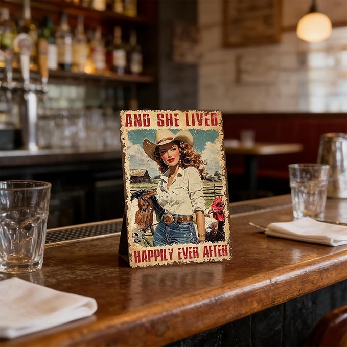 Cowgirl Vintage Tin Sign And She Lived Happily Ever After Funny Horse and Chicken Iron Painting Poster Wall Decor for Home Bar Club Coffee Shop 16x12 Inch