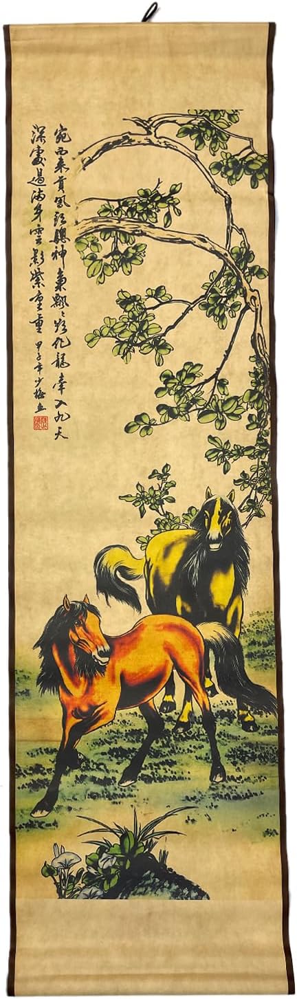 4 Panels Watercolor Horse Scroll Painting for Living Room Farmhouse Large Wall Hanging Decor, 8 Horses Animal,56.8x49 Inches