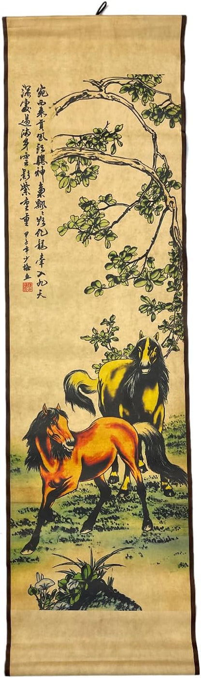 4 Panels Watercolor Horse Scroll Painting for Living Room Farmhouse Large Wall Hanging Decor, 8 Horses Animal,56.8x49 Inches