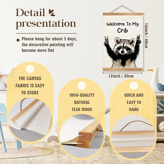 ZTGDA Welcome to My Crib Wall Art,Funny Raccoon Poster Durable Man Cave Wall Decor,Raccoon Canvas Hanging Sign for Entryway, Dorm Room, Nursery or Bedroom Decor (My crib raccoon)