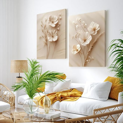 GELDSTEI Neutral Simple Beige Floral Canvas Wall Art, Modern Minimalist Botanical Wall Decor, Vintage Beige Flower Poster Prints for Living Room Bedroom Farmhouse Framed Set of 3, Each 16x24 Inch