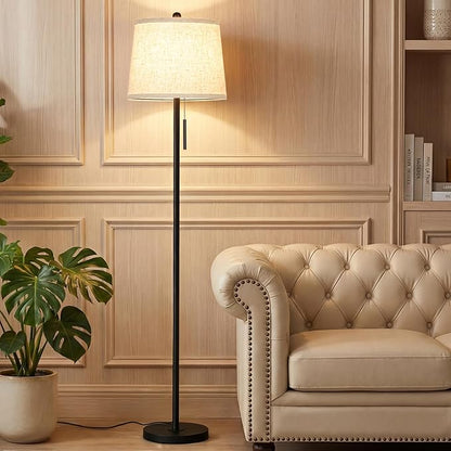 JUNNAI 【Upgraded】 Modern Black Floor Lamp 63in Standing Lamp for Living Room Bedroom Office 3 Way Brightness Dimmable Tall Pole Light with Beige Linen Shade Metal Shade 8W 3000K LED Bulb Included