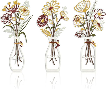 Iron Metal Vase Flower Wall Art Set of 3 - Minimalist Black Floral Decor for Living Room Bedroom Kitchen, Office Garden - Modern Farmhouse Home Decor & Housewarming Gifts (Yellow-Brown)