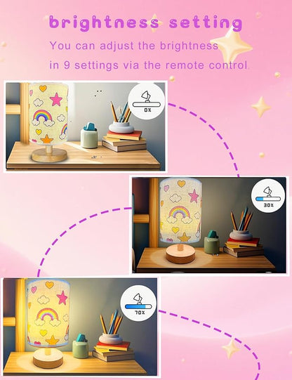 Rainbow Lamp, Rainbow Lamp for Girls Room, 3 Color Changing LED Night Light with 9 Brightness Levels Wood Nightstand Desk Base Flaxen Fabric Shade for Bedroom Living Room (Rainbows Clouds)
