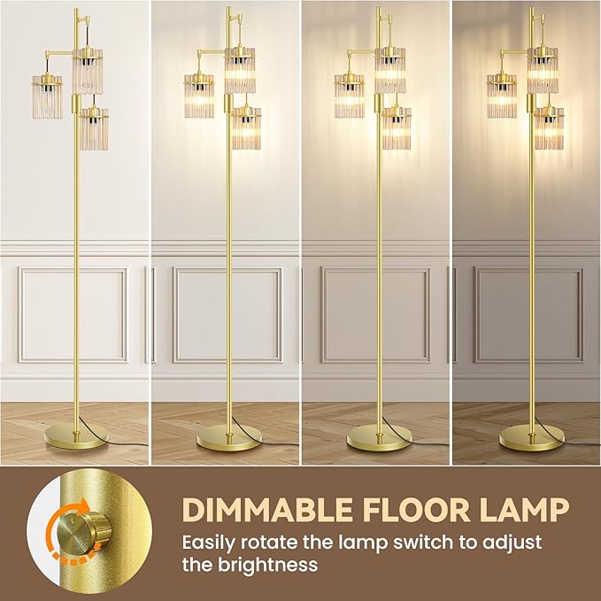 Farmhouse Glod Modern Floor Lamps for Living Room, Dimmable Glass Tree Standing Tall Lamps with 3 Elegant Teardrop Cage Head & 800 Lumens LED Bulbs for Bedroom Office (65inch Tall)