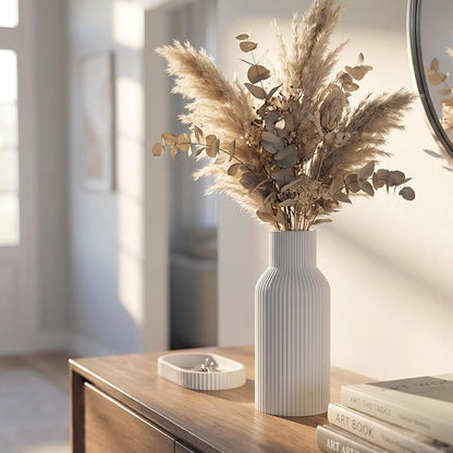 White Tall Ceramic Vase, Modern Matte Vertical Ribbed, Nordic Minimalist for Pampas, Dried & Fresh Flowers, Home Decor for Living Room, Coffee Table, Bookshelf, Entryway, Farmhouse