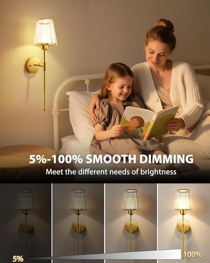 Adetu Crystal Battery Operated Wall Sconce Set of 2, Gold Rechargeable Wall Sconce with 10000mAh Magnetic Bulbs and Remote Control, RGB Dimmable Wireless Battery Wall Lights for Bedroom Living Room