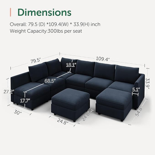 HONBAY Modular Sectional Couch U Shaped Sectional Sofa with Storage Velvet Convertible Sectional Couches for Living Room,Dark Blue