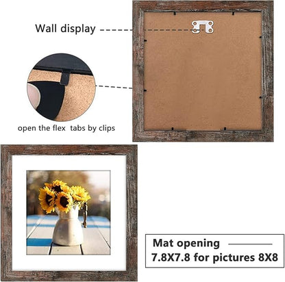 12x12 Picture Frame Rustic Brown Wood Set of 6,Display Square Pictures 8x8 with Mat or 12x12 Without Mat,Multi Photo Frames Collage for Wall - Gallery Wall Frame Set
